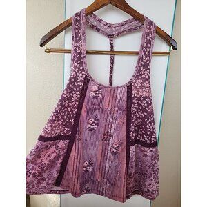Small Mudd Boho Purples Pink Floral Print Lace Accent  Back Sleeveless Tank Top
